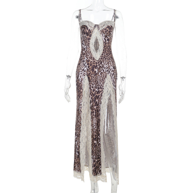 Leopard Print Lace Strap Dress Colouronova