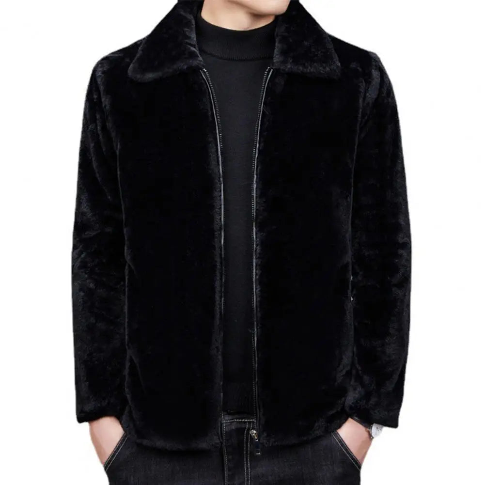 Men Coat Hooded Long Sleeve Imitation Mink Fur Jacket With Pockets Zipper Placket Thick Fleece Winter Coat - Colouronova