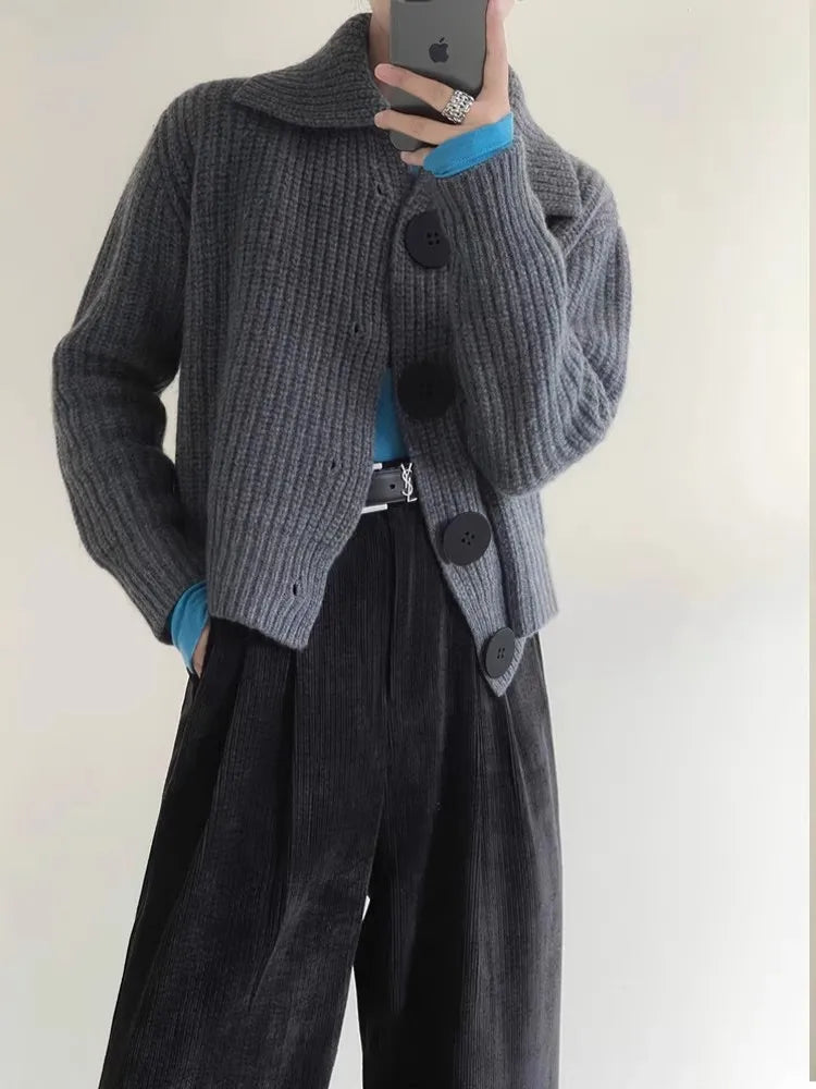 Loose Cardigan Women Turn-down Collar Autumn Winter Elegant Aesthetic Languid Korean Commuting Style Temperament Tender Stylish - Colouronova