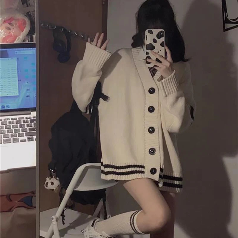 Striped Loose Cardigan Women Vintage 2024 Autumn Winter Single Breasted Sweater Streetwear Casual Korean Female Knitted Coat - Colouronova