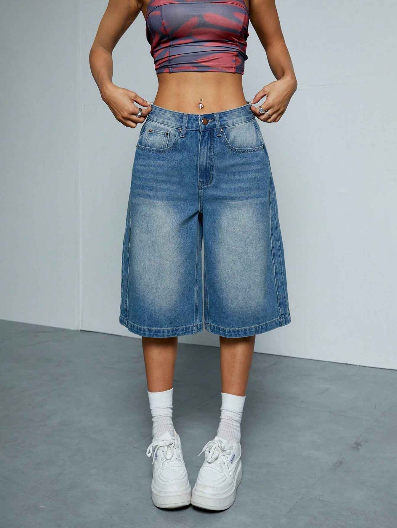 eStraight-Leg Denim Shorts