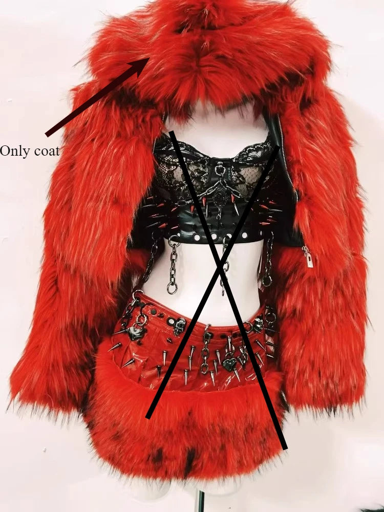 Spring Autumn New Black Lace Hollow Out Sexy Rivet Women's Vest Original Design Red Furry Splicing Short Skirt Coat Set Ladies - Colouronova