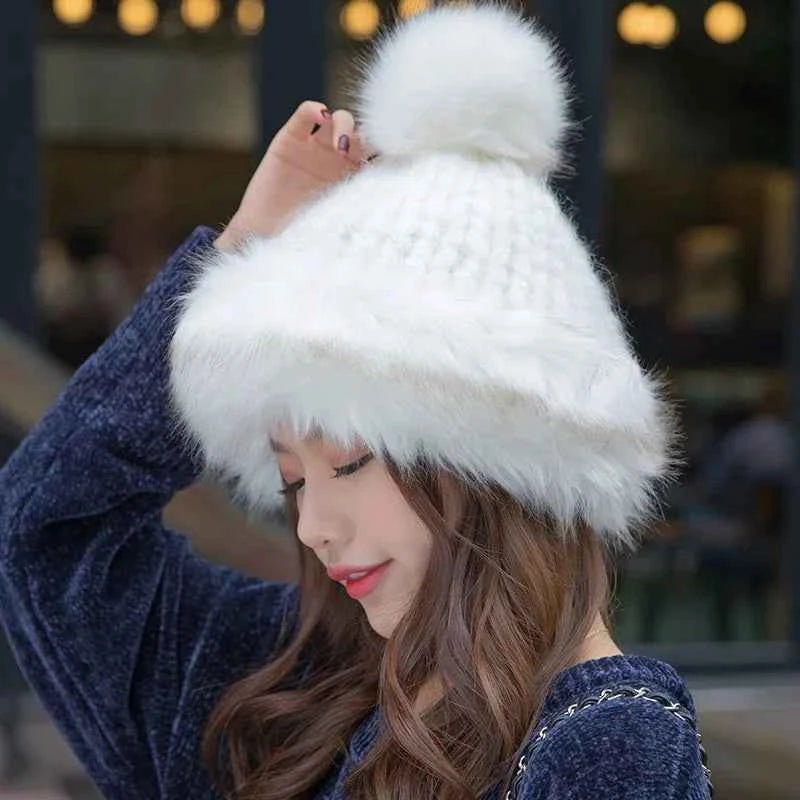 Women Winter Pom Pom Hat Fashion Knitted Beanie Thick Fleece Lined Warm Russian Style Fur Skullies Cap Elegant Cold Weather Hat