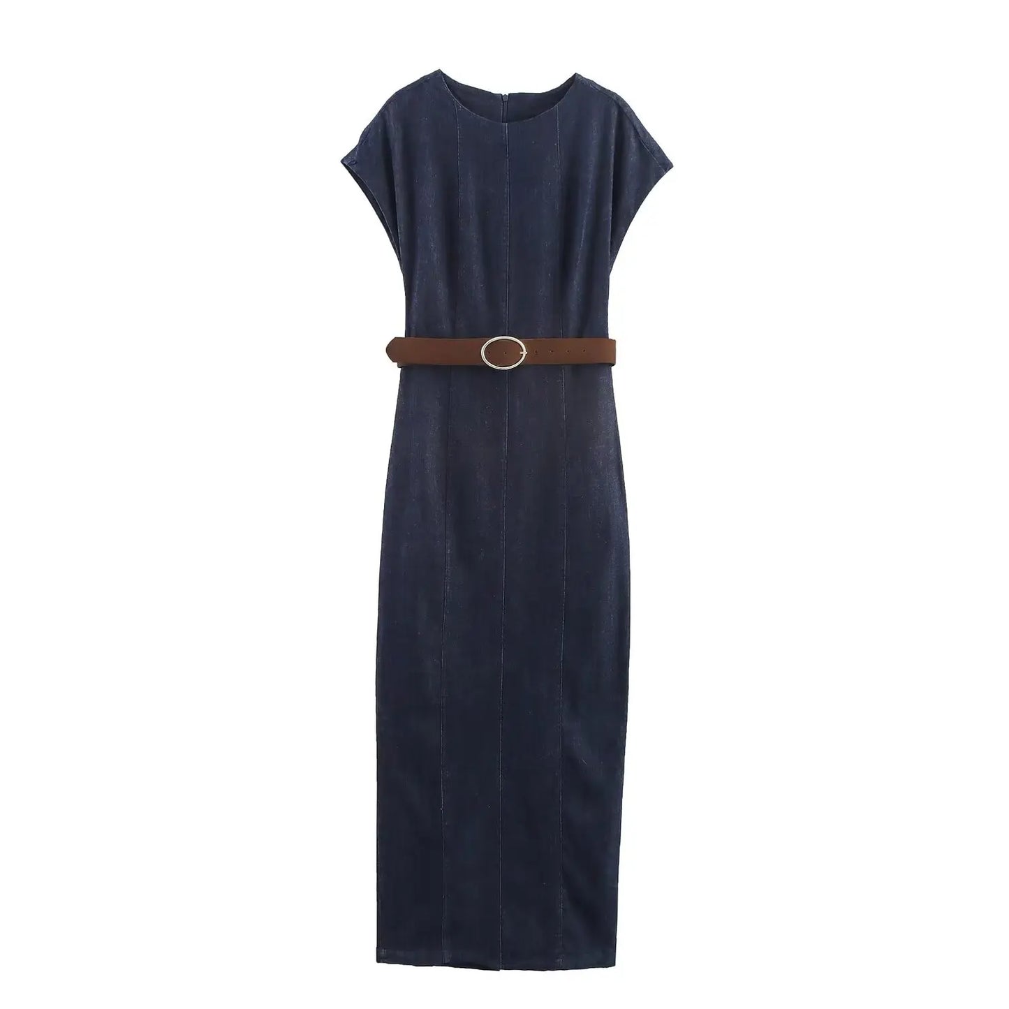 KONDALA Autumn Women Elegant Denim Belt Dress O-Neck Sleeveless Slim Long Dress 2025 Spring Fall Lady Casual Simple Denim Dress - Colouronova