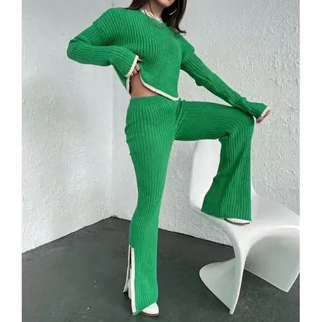 Autumn Winter 2 Pieces Women's Oufit Sets Knitted Tracksuit O-Neck Sweater and Wide Leg Jogging Pants Female Suits - Colouronova
