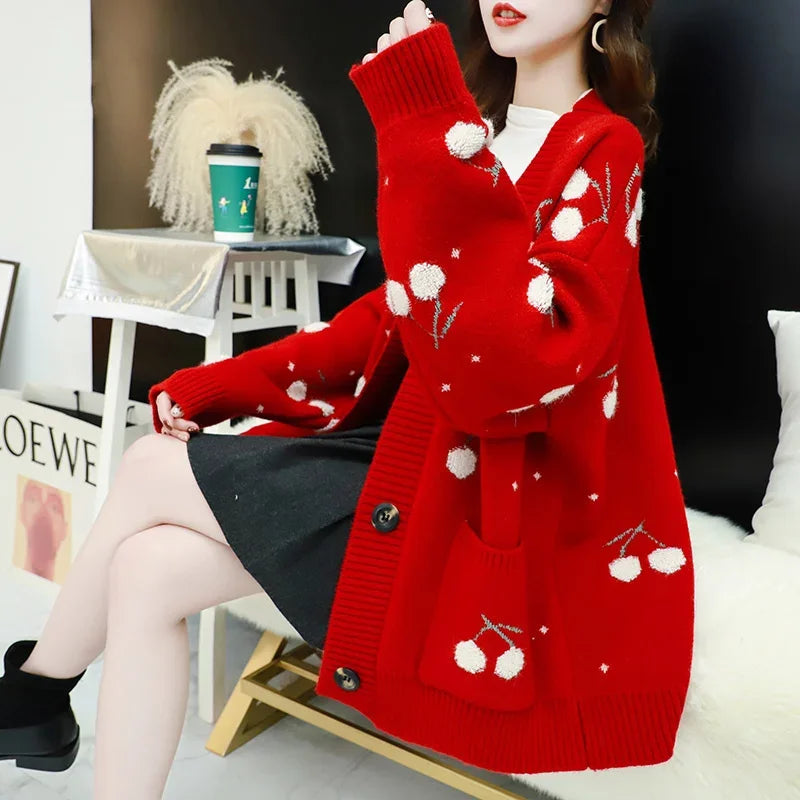 2025 Autumn V-Neck Long Sleeve Sweater Cardigan Women Jacket Coat Loose Thick Warm Knitwear Cherry Embroidery Knitted Cardigan - Colouronova