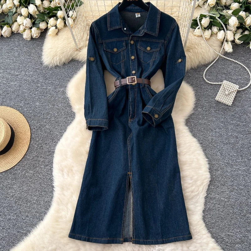 Autumn New Retro Style Quality Women's Split Denim Dress with Belt Fashion Long Jean Skirt Lady Elegant Vacation Cowboy Outfit - Colouronova