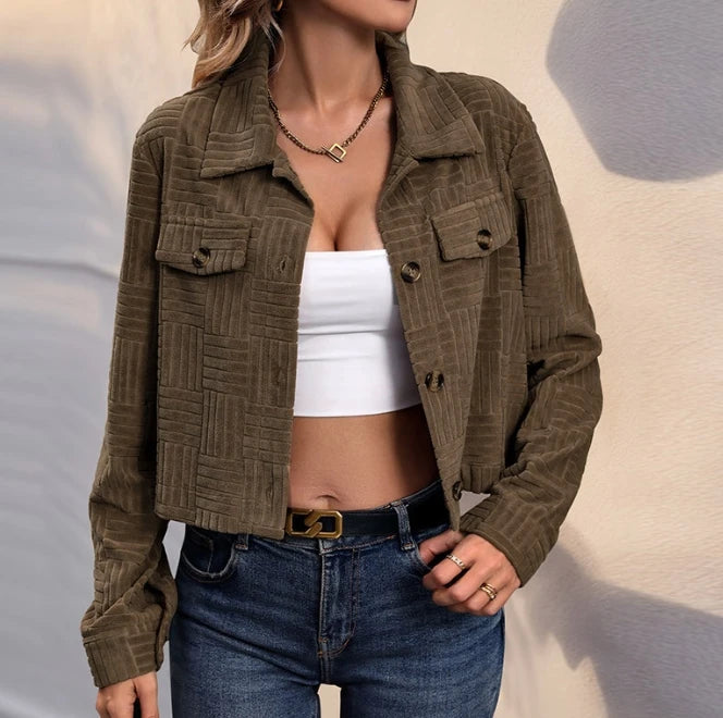 Women's Jacket 2025 Spring New Fashion Solid Color Texture Corduroy Turn-Down Collar Long Sleeved Casual Crop Jacket Coat - Colouronova