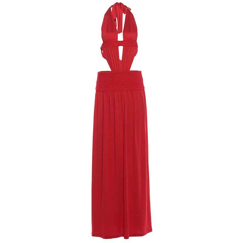 Sexy Halter Deep V-Neck Cut-Out Backless Solid Color Dress