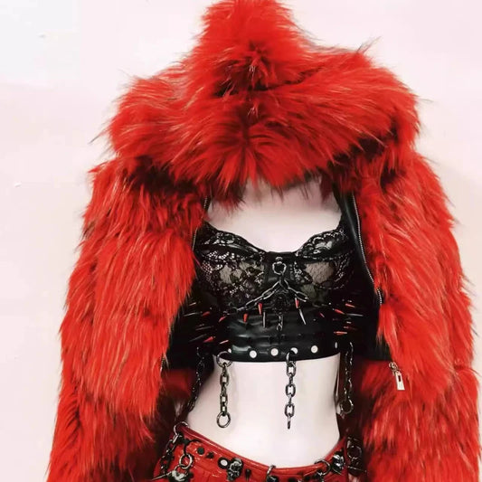 Spring Autumn New Black Lace Hollow Out Sexy Rivet Women's Vest Original Design Red Furry Splicing Short Skirt Coat Set Ladies - Colouronova