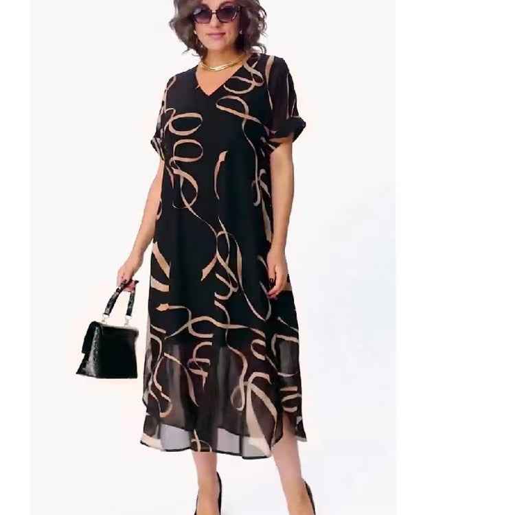 Elegant Abstract Print V-Neck Mid-Length Dress