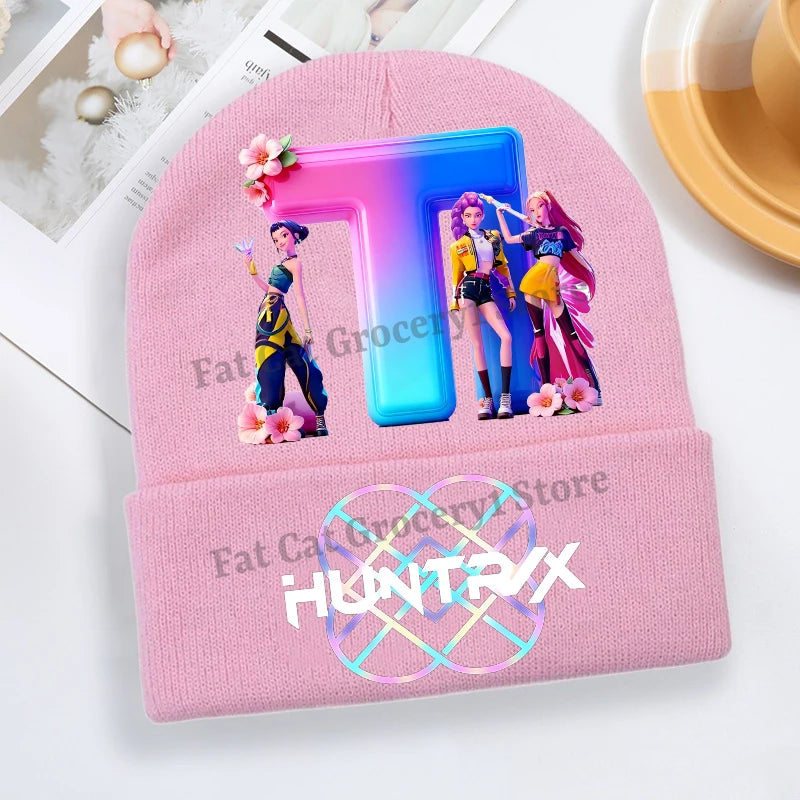 Kpop Demon Hunter Knitted Hat Girls Cute Letter A-Z Knit Cap Kids Winter Outdoors Warm Beanies Children Fashion Headgear Gift - Colouronova