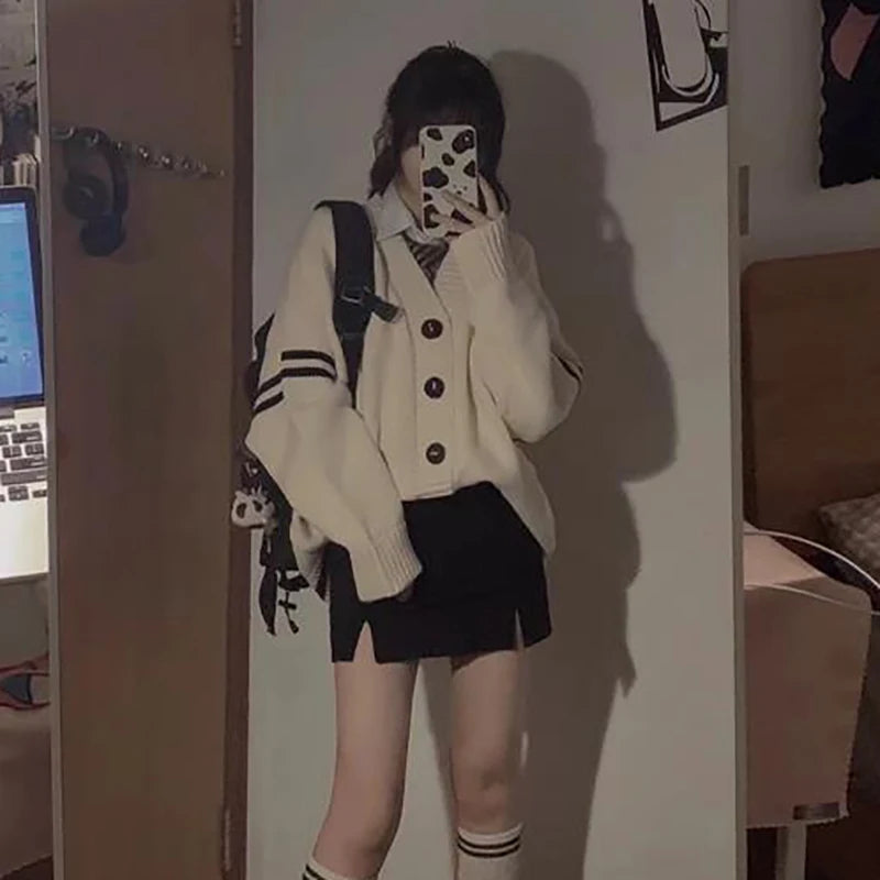 Striped Loose Cardigan Women  Vintage 2024 Autumn Winter Single Breasted Sweater Streetwear Casual Korean Female Knitted Coat - Colouronova