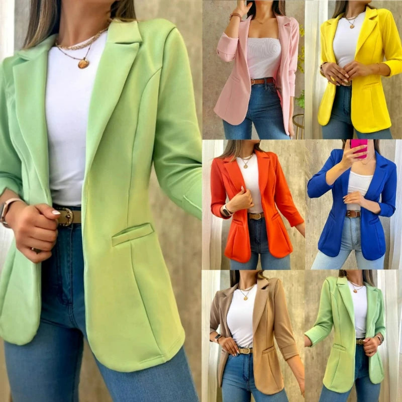 Women Simple Blazer Coat Casual Turn Down Collar Coats Long Sleeve Slim Fit Tailored Jackets Solid Elegant Autumn Open Stitch - Colouronova