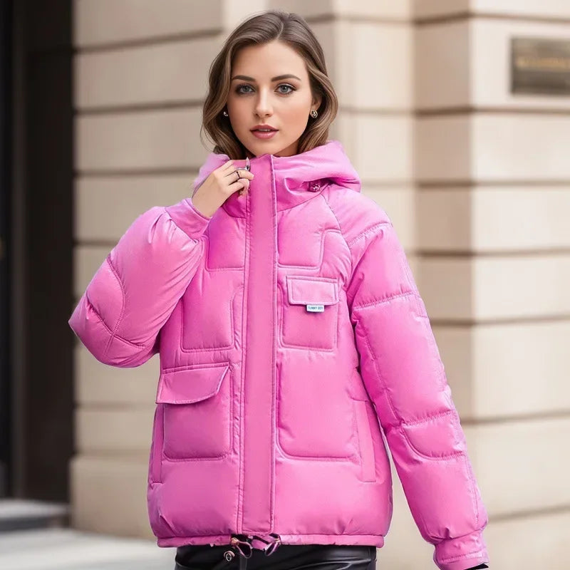 Women Full Sleeve Hooded Zipper Parkas Stand Collar Loose Drawstring Jackets Thick Warm Pockets Casual Coats Autumn Winter - Colouronova