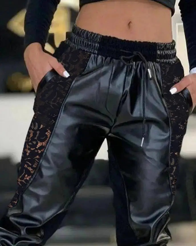 women's Elegant Leather Pants 2024 New Elastic Contrast Pu Lace Panel Drawstring Flipped Slim Fit Pants Street Trend woman pants - Colouronova