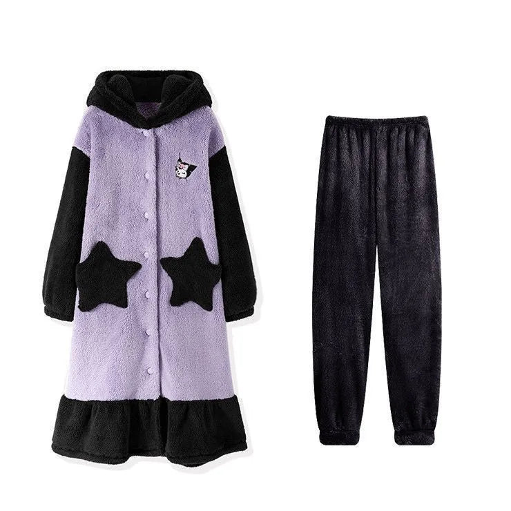 Plush Pajamas Night-Robe Suit Sanrioed Anime Kawaii Kuromi Coral Fleece Homewear Winter Long Style Thickened Nightgown Pants - Colouronova