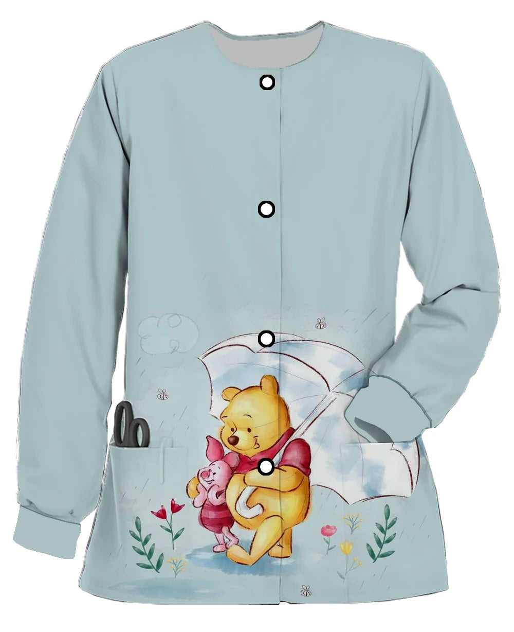 Autumn and Winter New Disney Winnie the Pooh Print Women's Double Pocket Long Sleeve Snap Button Scrub Jacket Medical Coat - Colouronova