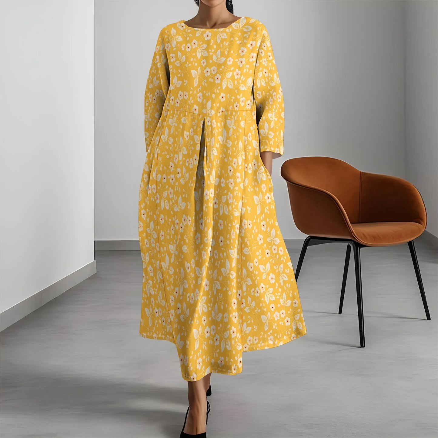 Women's Long Sleeve Elegant Solid Color Autumn Maxi Dresses Casual Loose Plus Size Beach Dress for Women with Pockets - Colouronova