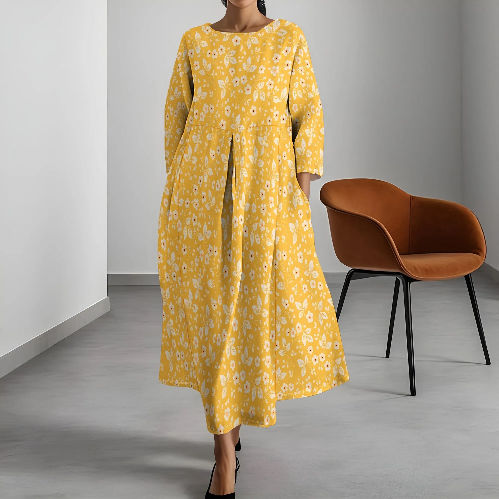 Women's Long Sleeve Elegant Solid Color Autumn Maxi Dresses Casual Loose Plus Size Beach Dress for Women with Pockets - Colouronova