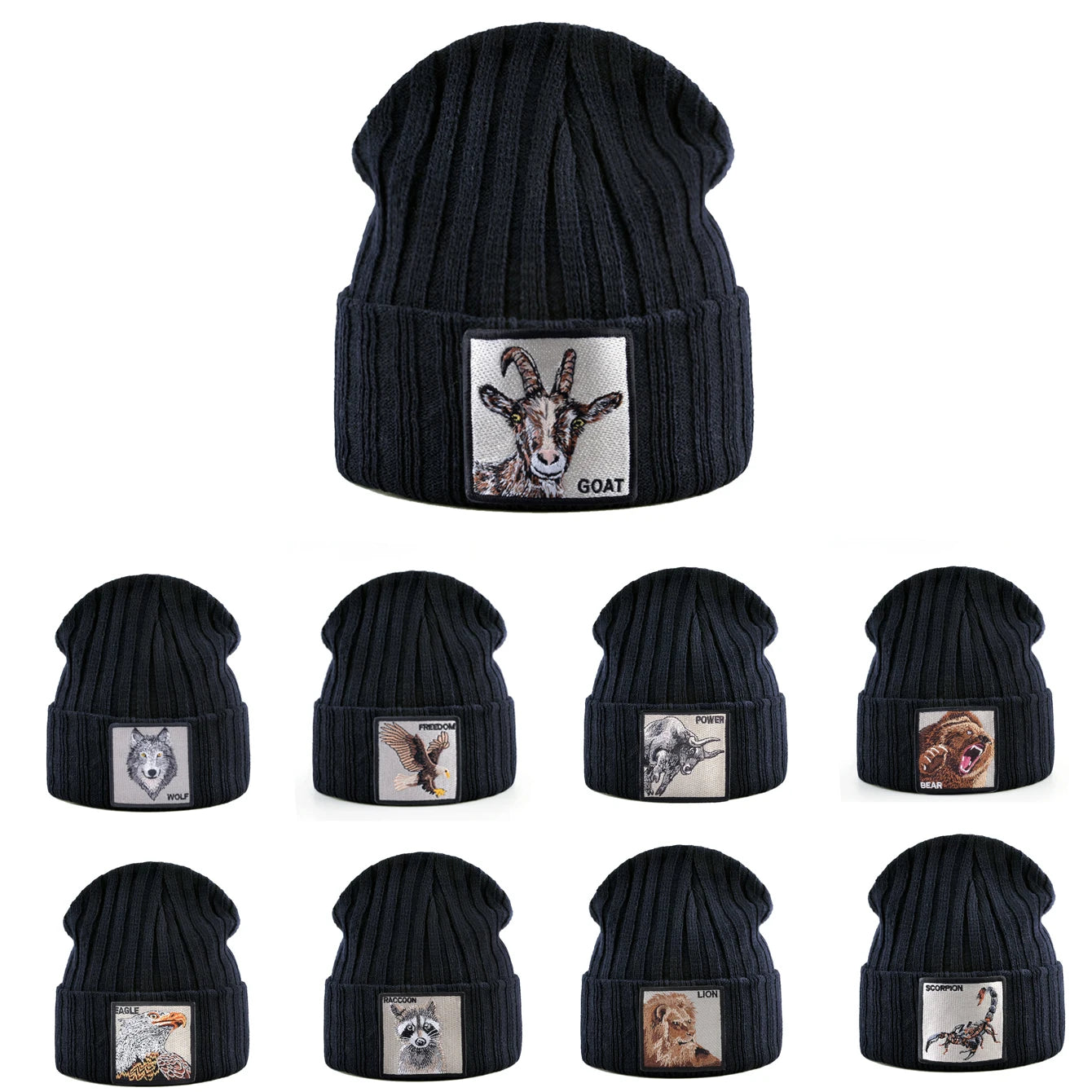 Unisex Black Beanie Hat With Animals Embroidery Patch Knitted Skull Cap For Men Women For Autumn Winter Streetwear Bonnet Hats - Colouronova