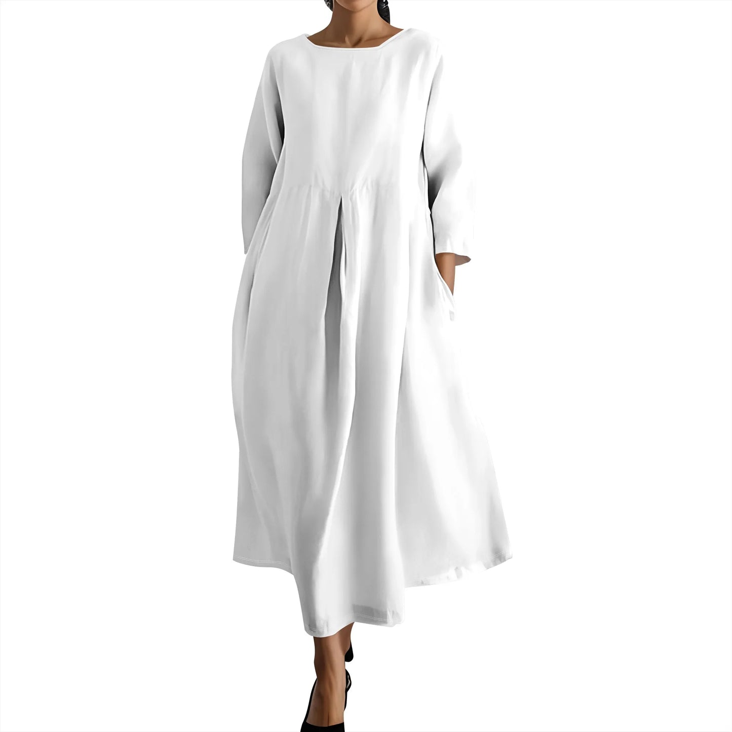 Women's Long Sleeve Elegant Solid Color Autumn Maxi Dresses Casual Loose Plus Size Beach Dress for Women with Pockets - Colouronova