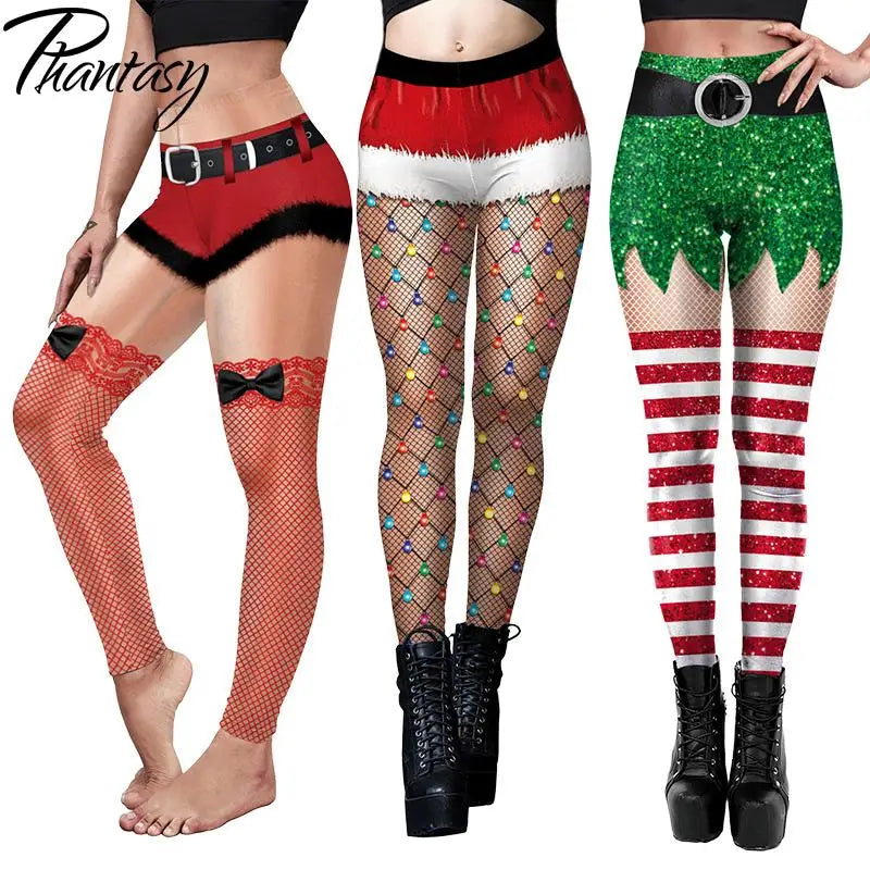 Phantasy Sexy Women Christmas Leggings Xmas Fake Shorts Stockings Pattern Leggings Yoga Trousers Festival Pants Autumn Winter - Colouronova