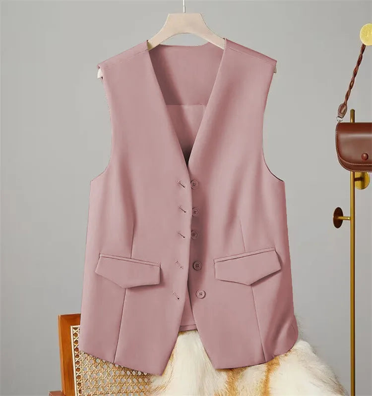 Vest Women Sleeveless Jacket Waistcoat V Neck Single Breasted Tops Outerwear Spring Summer Female 2025 Office Lady Vintage Coat - Colouronova