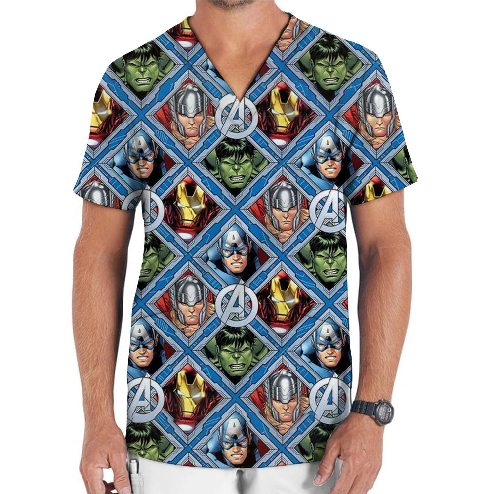 Medical Uniform Men's Nurse Marvel Superhero Matte V-neck Short sleeved Shirt Hospital Top Surgical Dress Men's Dentist T-shirt - Colouronova
