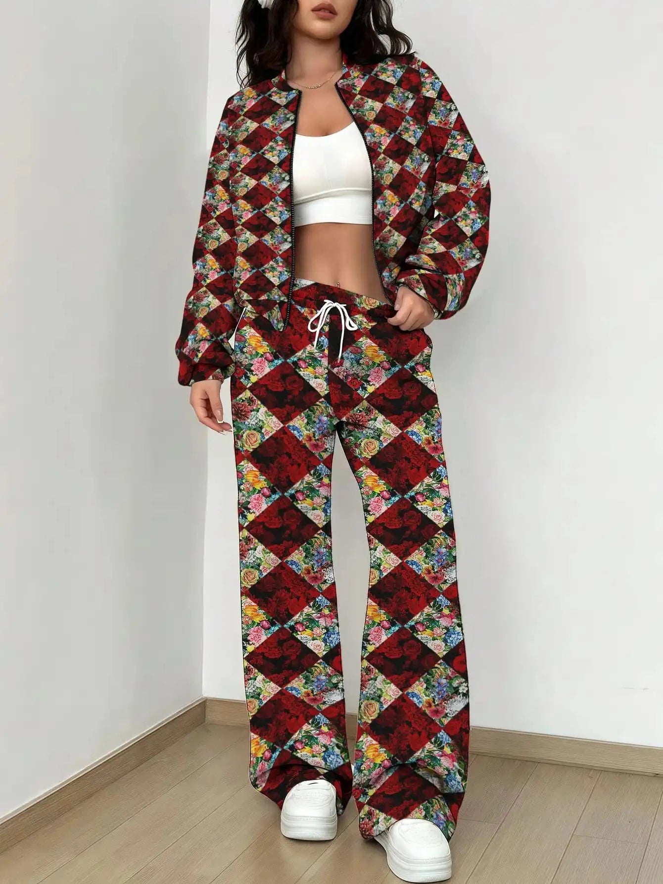 French Retro Floral Long Sleeved Zipper Jacket and Pants Set, Gentle and Stylish Two-piece Set Colouronova
