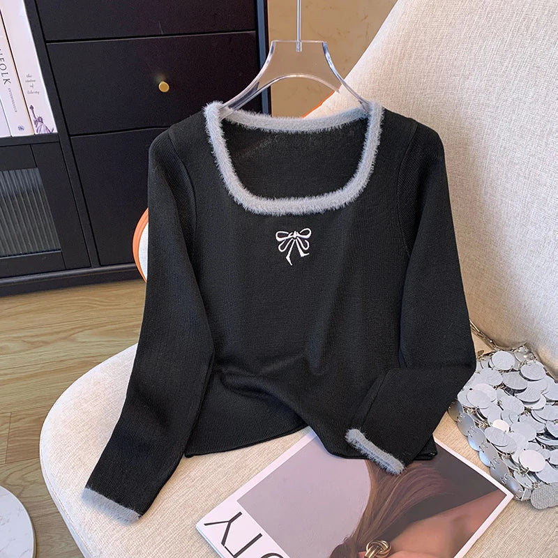 Women's Knitted Long Sleeves Winter Office Soft Touch Stretch Pullover Casual Soild Color Square Neck Slimfit Tops - Colouronova