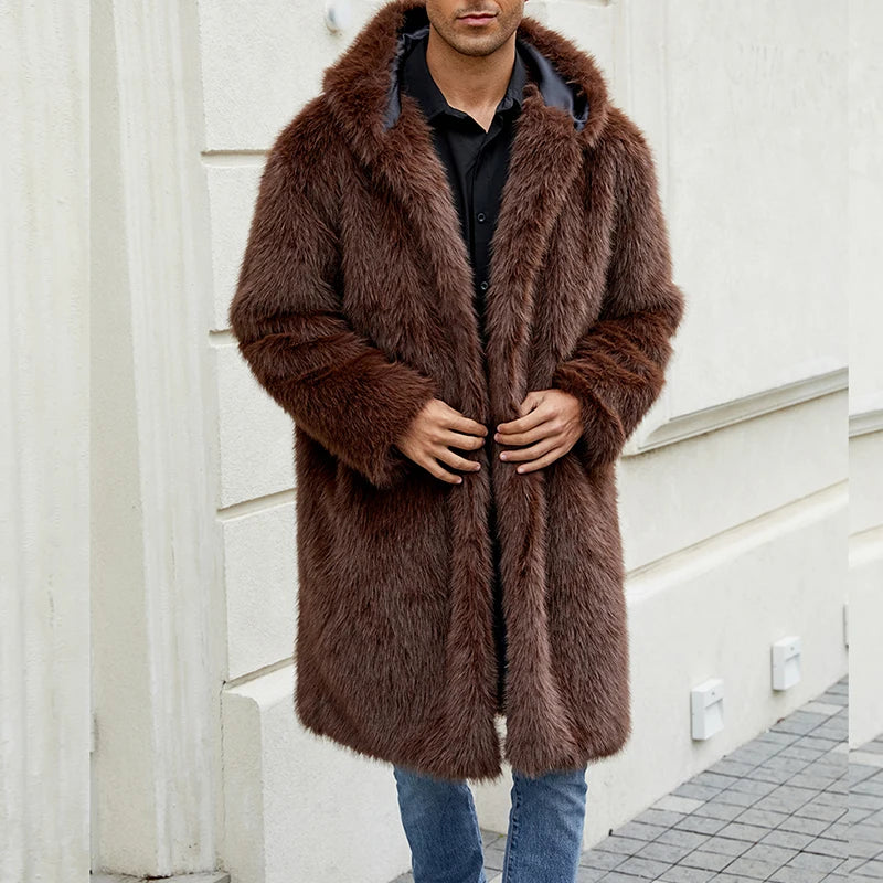 Men Faux Fur Coat Solid Color Hooded Long Sleeve Winter Warm Thicken Jacket Outerwear - Colouronova