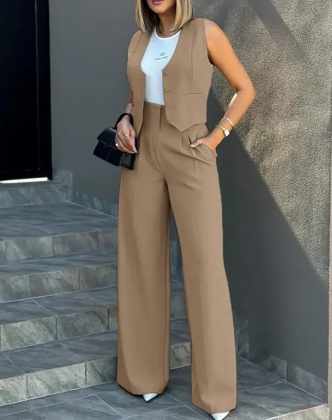 Women Pant Set Two Piece Sets Wide Leg Long Pants Halter Sleeveless Tops Slim Fit Solid Casual Office Lady Elegant Matching Sets - Colouronova