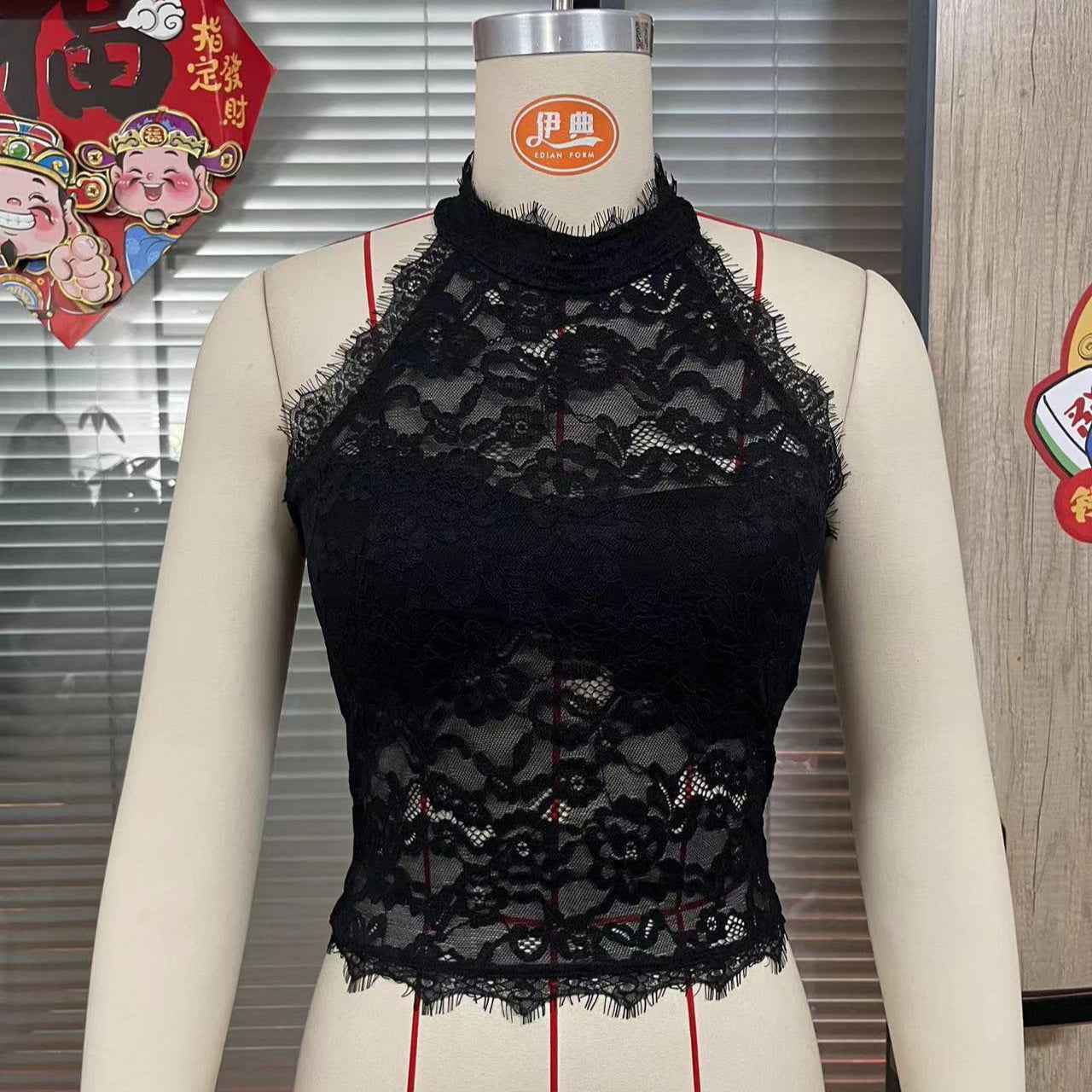 Black Halter Neck Lace Bustier Tank Top