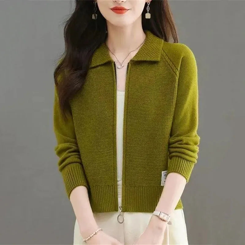 Spring Autumn Women Knitted Cardigan Sweater Fashion Lapel Jacket Small Fragrance Style Knitted Short Zipper Coat Top - Colouronova