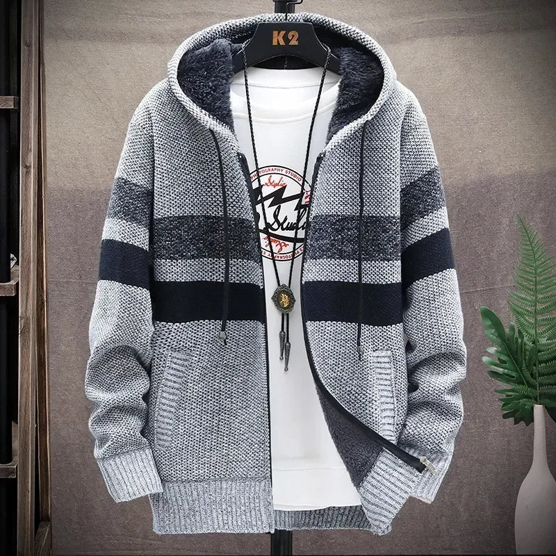 2025 Men's Winter Thick Warm Striped Cardigan Sweater Hooded Faux Fur Wool Jacket Windbreaker Fleece Jumper Knitted Jacket Male - Colouronova