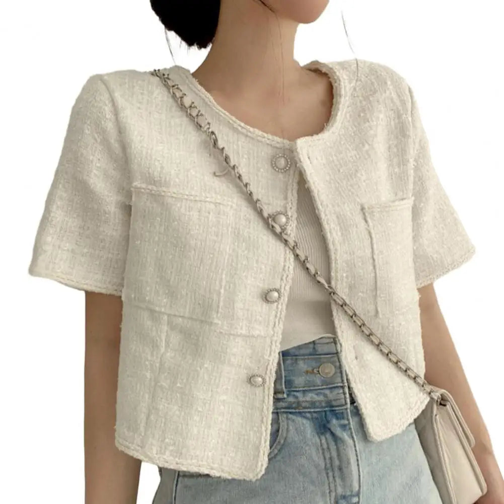 Tweed Weave Plaid Women Blazer Coat Women 2023 French Style Short Sleeve Single breasted Women Cardigan Coat Jackets - Colouronova