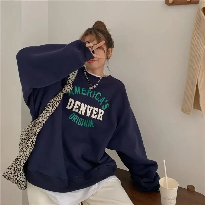 Women's Sweatshirt, Printed Letter Pullover, Casual Tops, Autumn and Winter O-Neck Hoodies, Design Sense, High Street Pupil Coat - Colouronova