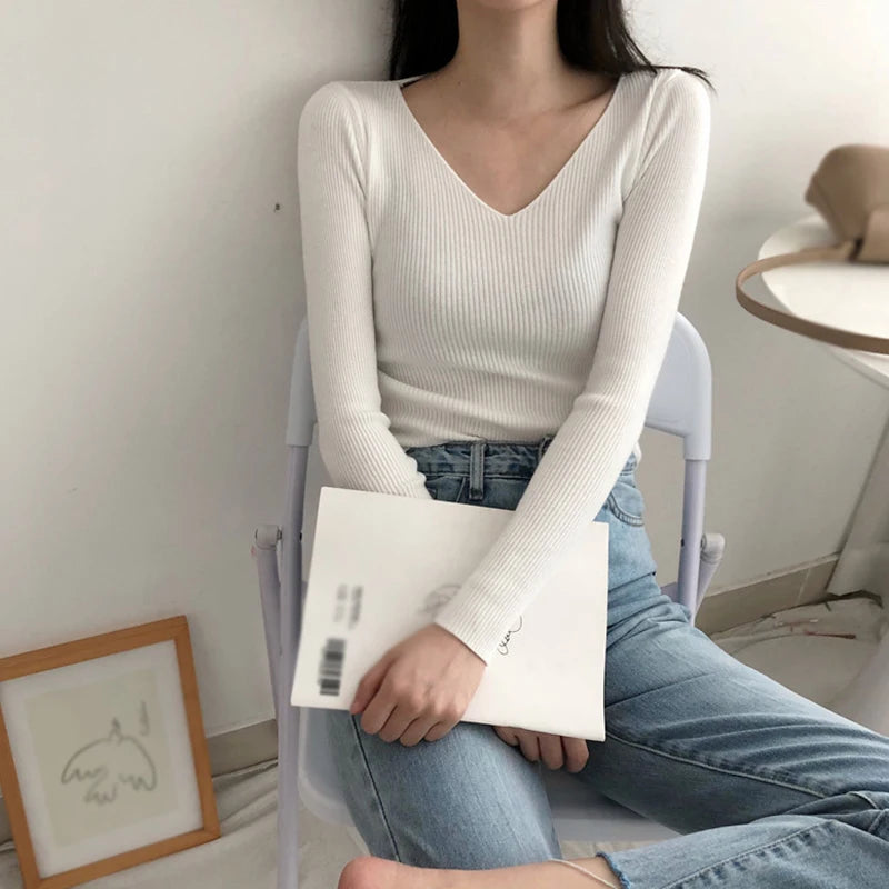 Autumn Basic Bottoming Longsleeve Sweater Women Ribbed Soft Neck Elastic Pullover Warm Solid Color Slim Sweater Top - Colouronova
