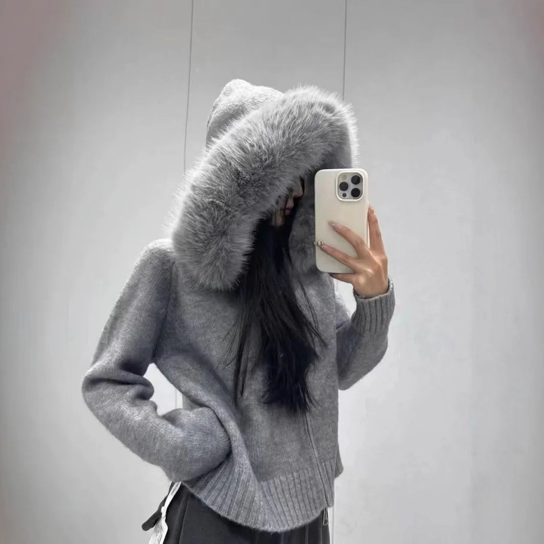 25 Autumn/Winter New Hooded Short Style Fashionable Western Knitted Cardigan, Wool Collar Coat, Women's Sweater - Colouronova