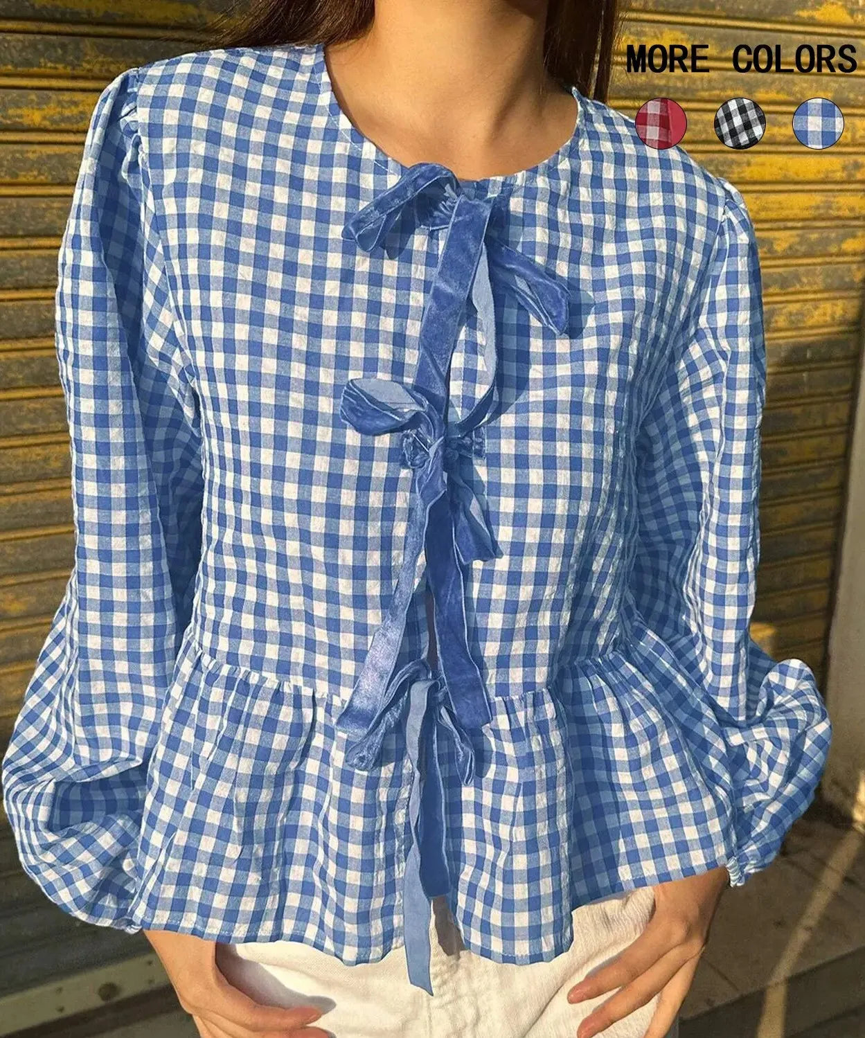 Shirt Women Casual Blouses Coat Plaid Printing Lace Up Bow Round Collar Puff Sleeve Sweet Overshirt Female Spring Summer 2025 - Colouronova