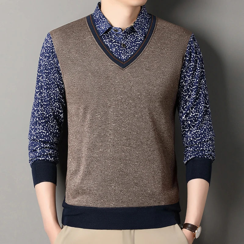 2025 Autumn Men Fleece Warm Sweater Men Fake Two Piece Plush Pullover Shirt Collar Thick Knitted Sweater Male Casual Jumpers - Colouronova