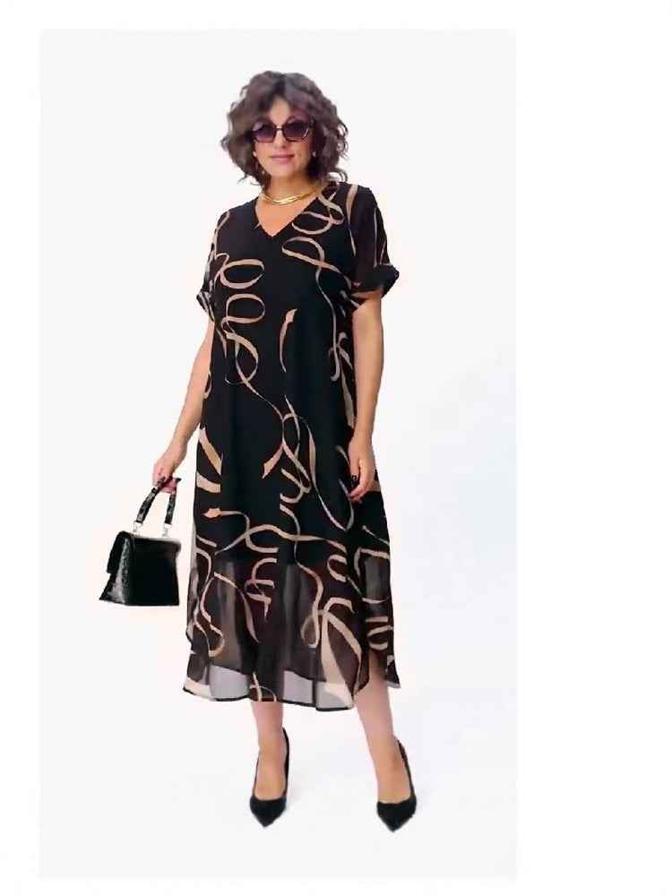 Elegant Abstract Print V-Neck Mid-Length Dress