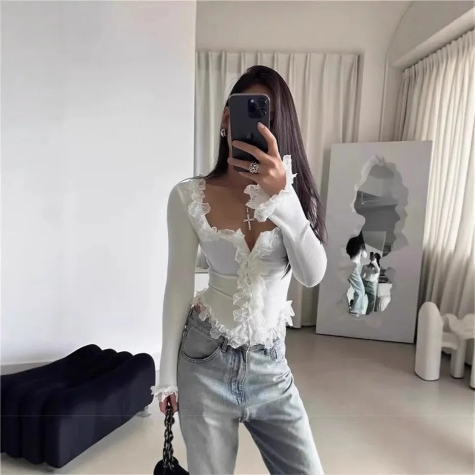 Knitted Top Women Pullover Knitting T Shirt Slim Sexy Lace Ruffles Jumper Tops Autumn Winter 2025 Casual Office Lady Knitwear - Colouronova