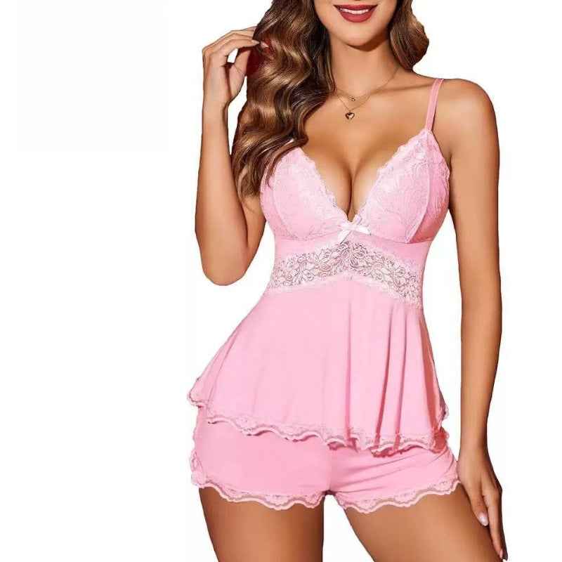 Lace Suspender Shorts Pajama Set