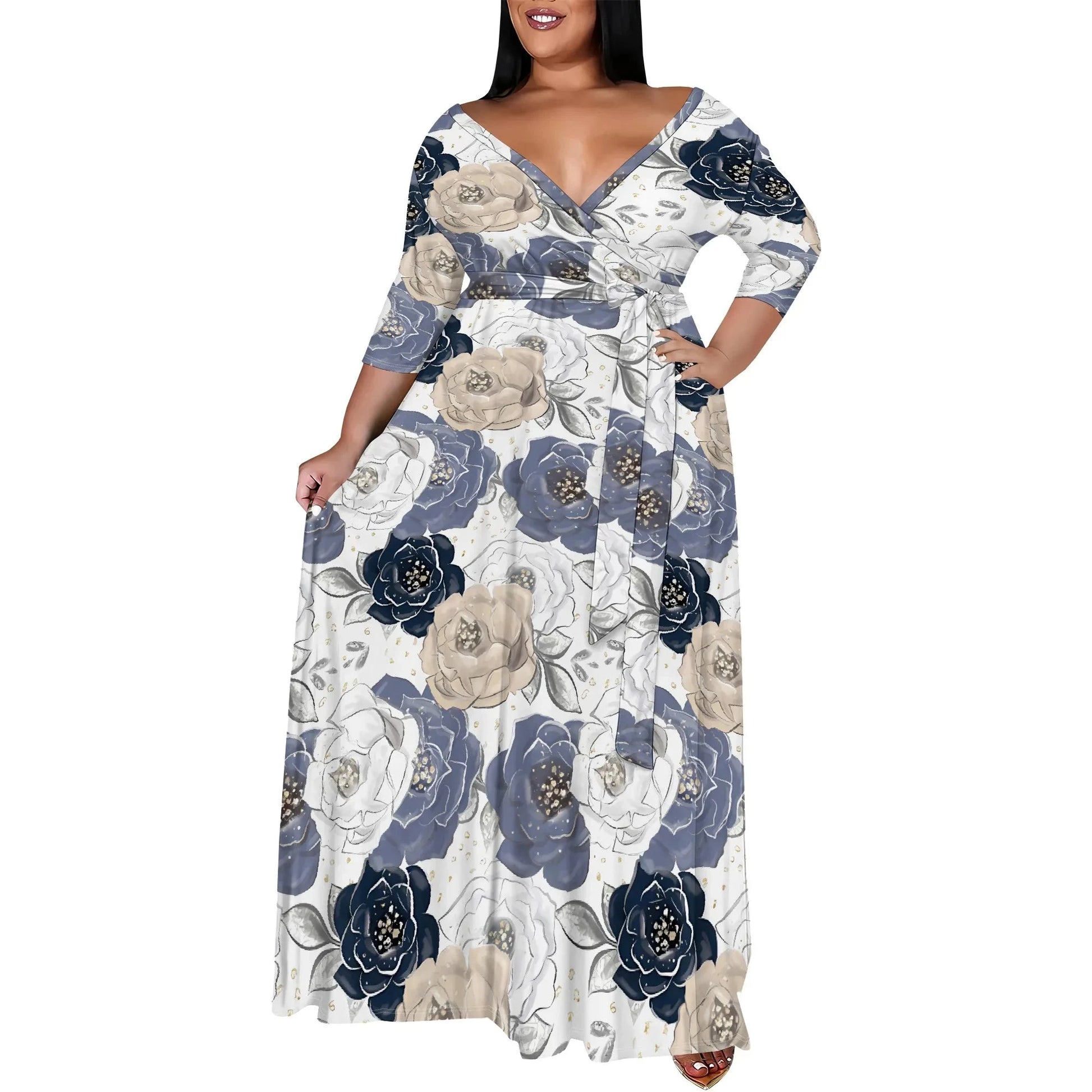 Plus Size Snowflake Floral Print Maxi Dress 3/4 Sleeve V Neck Winter Holiday Elegant Belted Dress Colouronova
