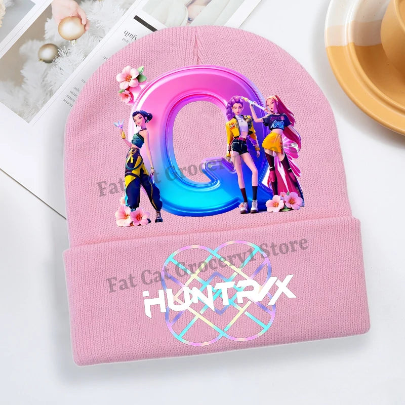 Kpop Demon Hunter Knitted Hat Girls Cute Letter A-Z Knit Cap Kids Winter Outdoors Warm Beanies Children Fashion Headgear Gift - Colouronova