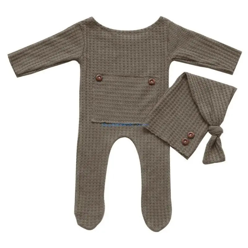 K9FF 2 Pcs/Set Knitted Jumpsuit Long Tail for Head Wrap Turban Beanie Cap Newborn Photography Props Baby Boy Girl Romper Hat - Colouronova