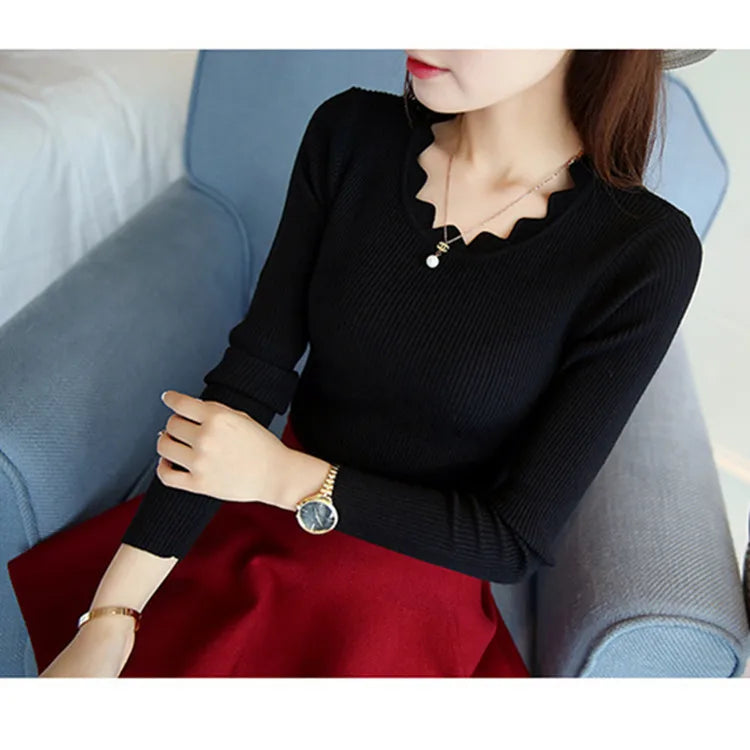 2024 new Sweater Pullovers Women's Autumn Winter Long sleeved Lotus Collar Short Korean Knitted Solid Color Bottom Shirt Jumpers - Colouronova