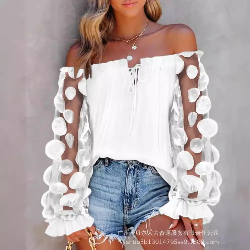 Women Tops Slash Neck Flare Sleeve Solid Pullovers Ruffles Casual T Shirts Elegant Lady Slight Strech Autumn 2024 Patchwork - Colouronova